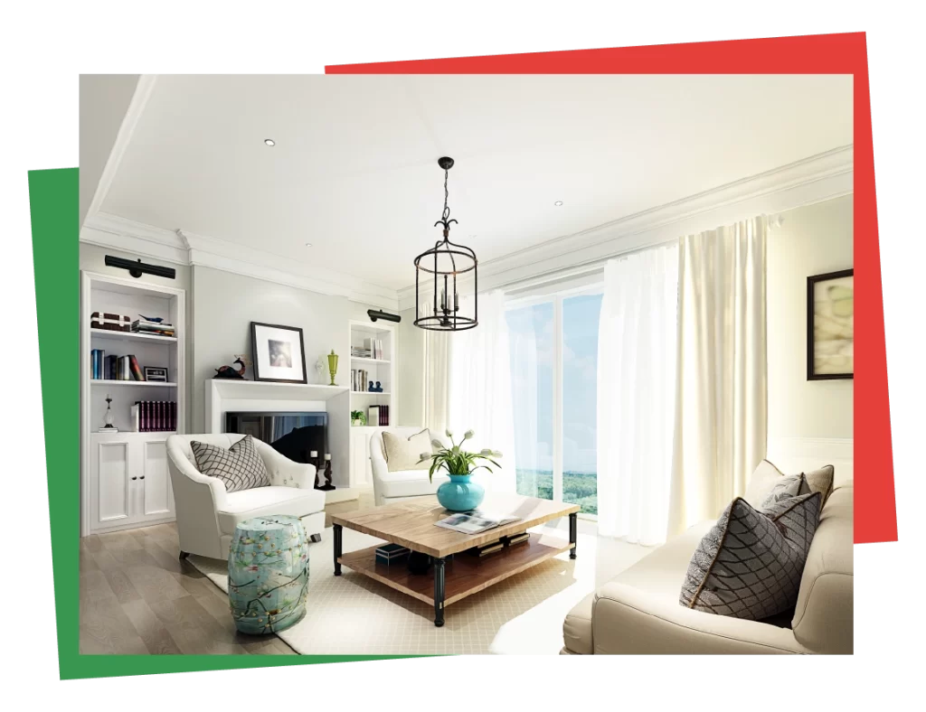 Bright living room with neutral walls, white trim, and crown molding, showcasing the transformative power of Bay Breeze Painting Company's interior painting services.