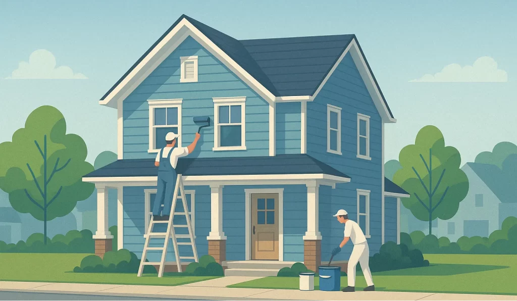 Two painters working on a suburban home in Centreville, Maryland with painting supplies nearby