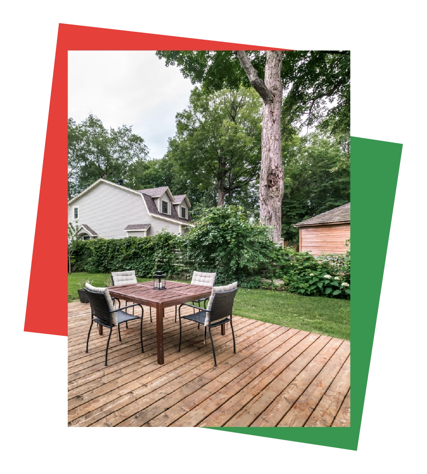 An aging wooden deck in a backyard with visible wear and tear, emphasizing the need for professional deck restoration by Bay Breeze Painting Company.