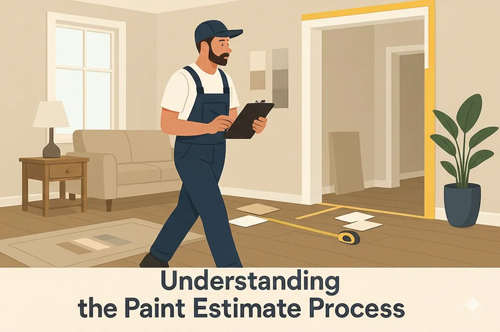 Professional painter inside a modern home with a clipboard, evaluating the space for a paint estimate