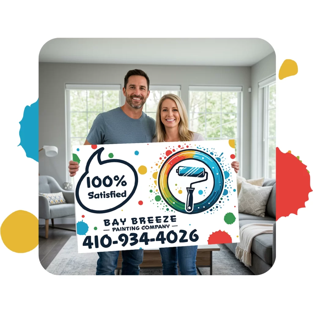 Happy couple in freshly painted living room holding a Bay Breeze Painting Company sign.