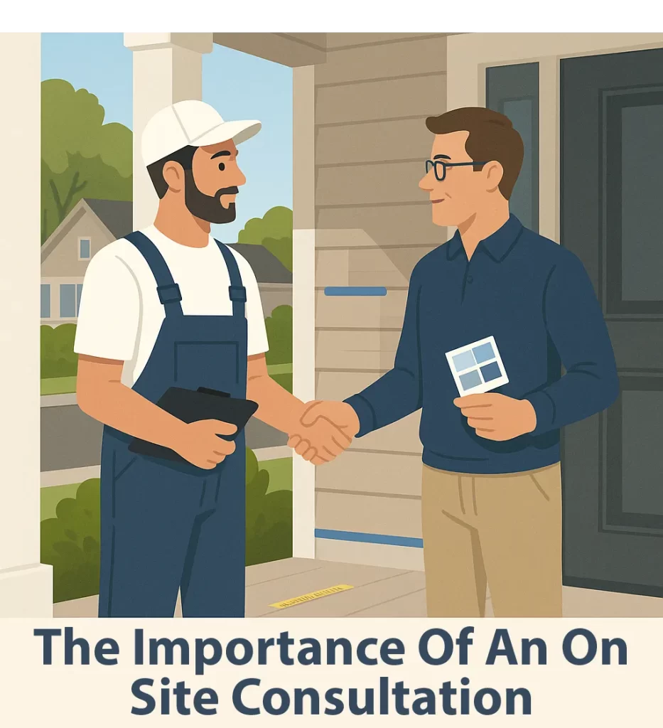 Painter shaking hands with a homeowner on a front porch during an on-site paint consultation