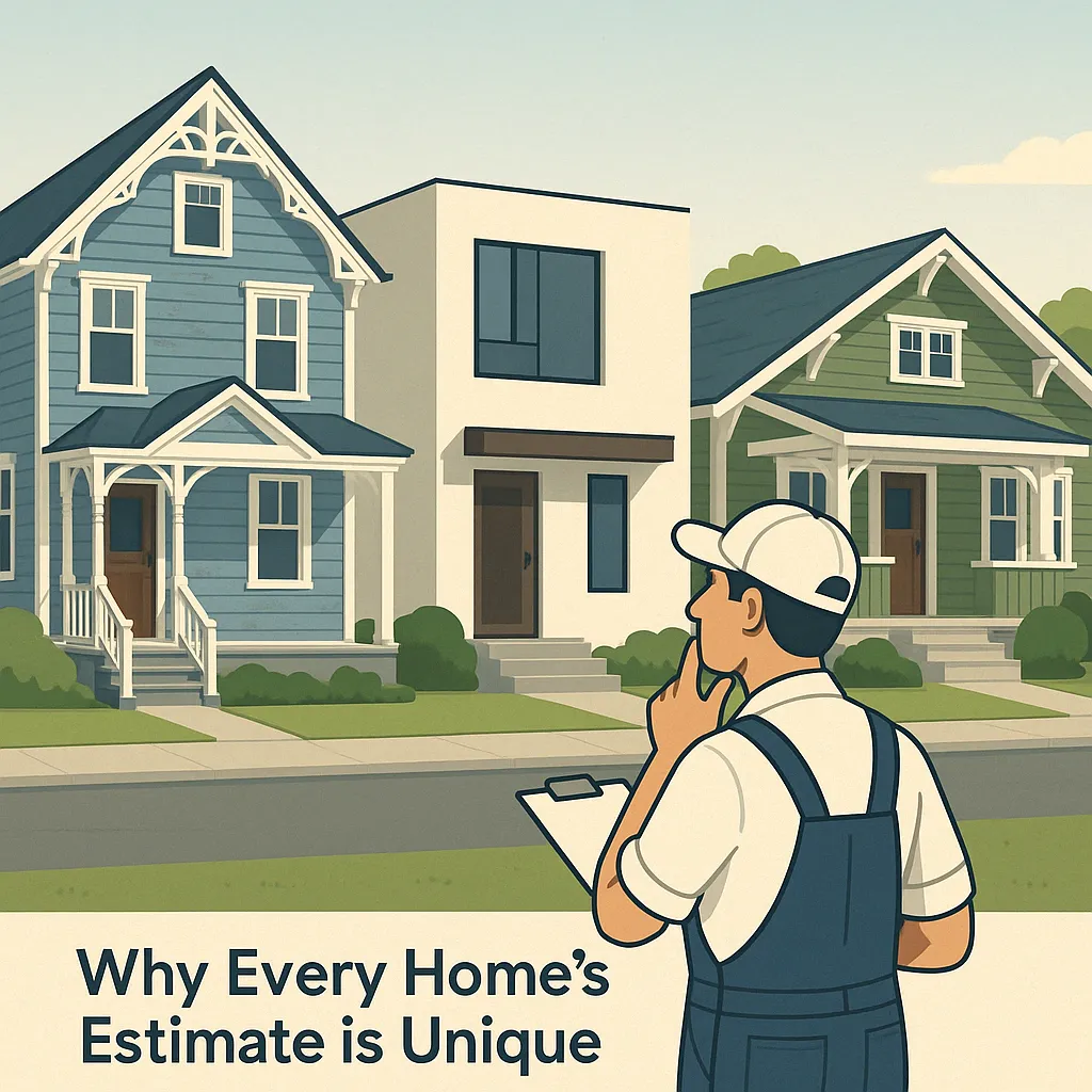 Painter observing three distinct home styles—Victorian, modern, and Craftsman—in a quiet neighborhood