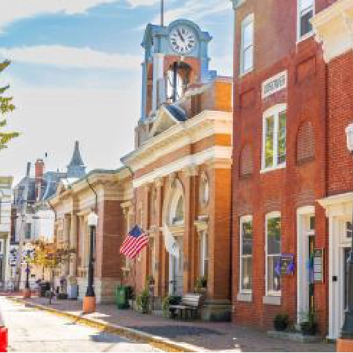 Historic buildings along Main Street in downtown Centreville, Maryland, featuring red brick facades and tree-lined sidewalks