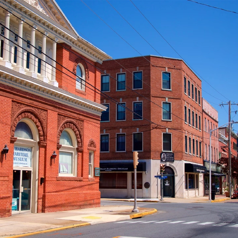 Historic brick buildings along Race Street in downtown Cambridge, Maryland, located in Dorchester County