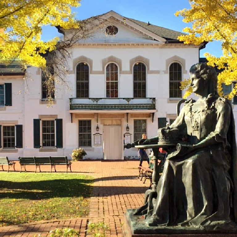 Queen Anne’s County Courthouse in Centreville, Maryland, with historic statue in front