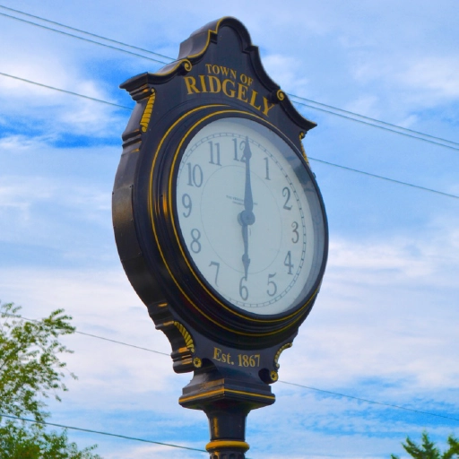 Black and gold street clock in the Town of Ridgely, Maryland with “Est. 1867” inscription.